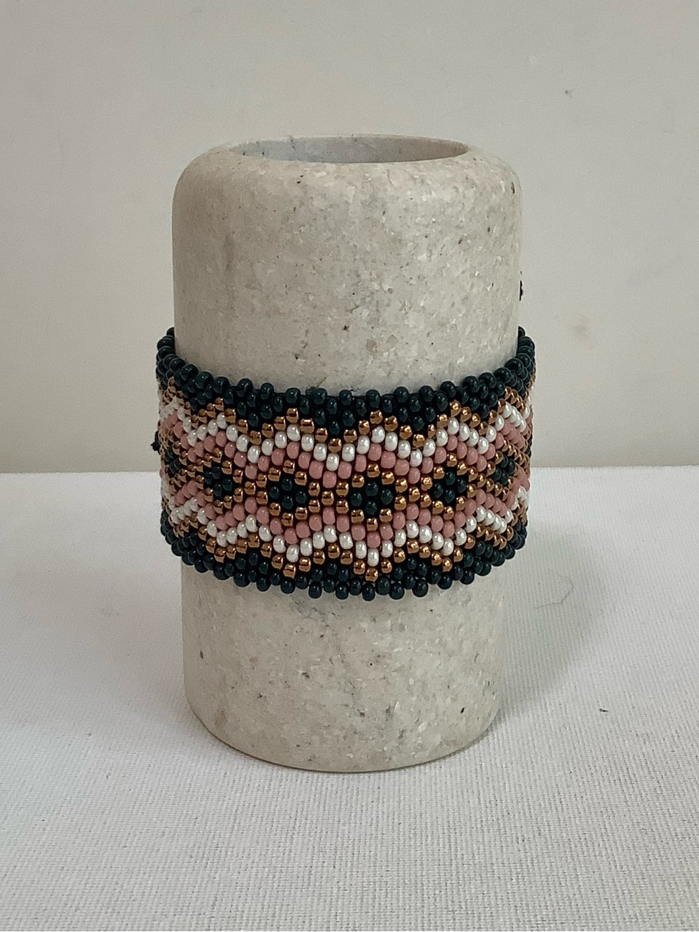 Handwoven Beaded Cuff Bracelet - Pink, Gold & Black